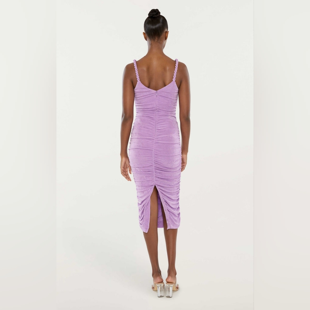 NWT LIKLEY Regan Lavender Purple Ruched Bodycon Midi Dress 4 - Picture 3 of 6